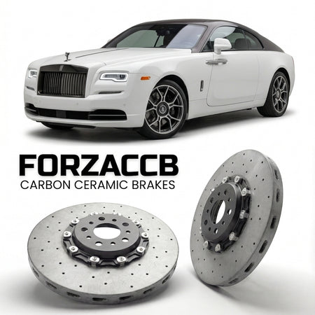 ForzaCCB direct OEM replacement carbon ceramic brake rotors for 2013 and newer Rolls-Royce Wraith models, shown with a white Rolls-Royce Wraith car.