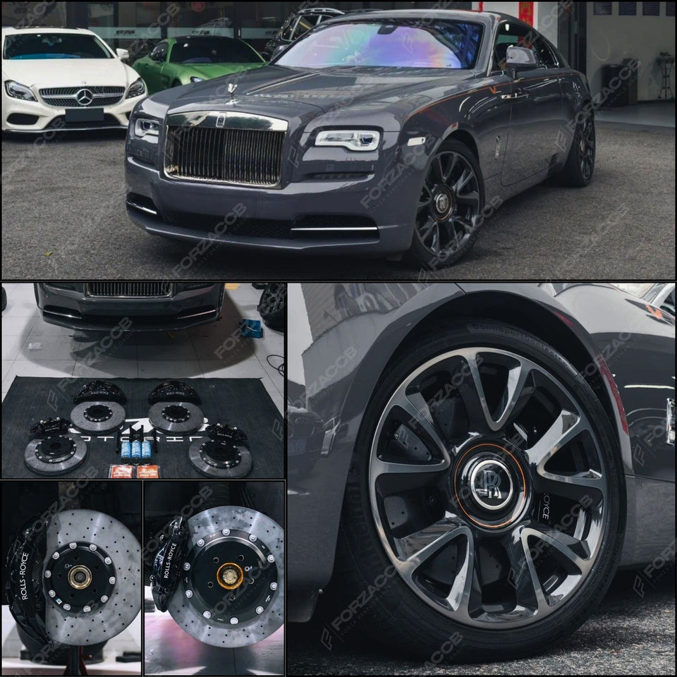 Collage of a luxury car Rolls-Royce Wraith (2017) with close-ups of its full carbon ceramic brake kit.