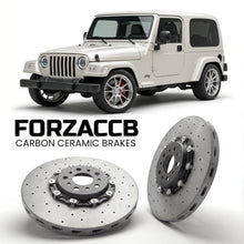 ForzaCCB direct OEM replacement carbon ceramic brake rotors for 2005-2006) Jeep Wrangler II (TJ models, shown with a white Jeep Wrangler car.
