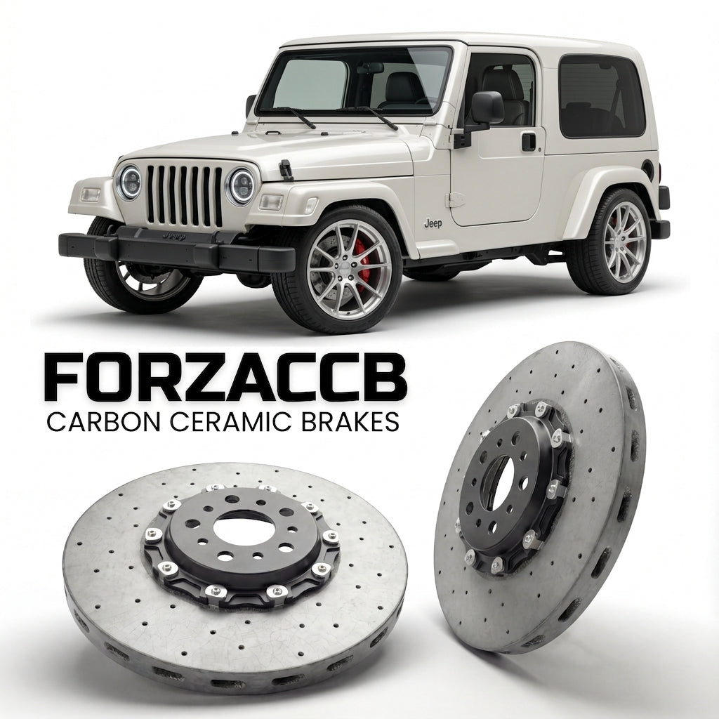 ForzaCCB direct OEM replacement carbon ceramic brake rotors for 2005-2006) Jeep Wrangler II (TJ models, shown with a white Jeep Wrangler car.