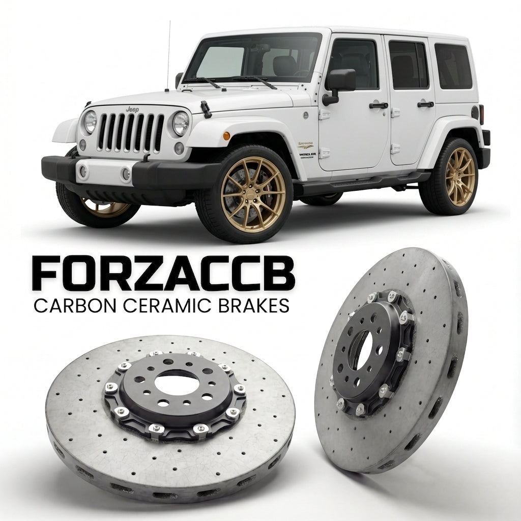 ForzaCCB direct OEM replacement carbon ceramic brake rotors for 2006-2018) Jeep Wrangler III (JK models, shown with a white Jeep Wrangler car.