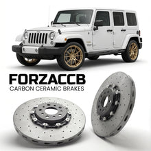 ForzaCCB direct OEM replacement carbon ceramic brake rotors for 2006-2018) Jeep Wrangler III (JK models, shown with a white Jeep Wrangler car.