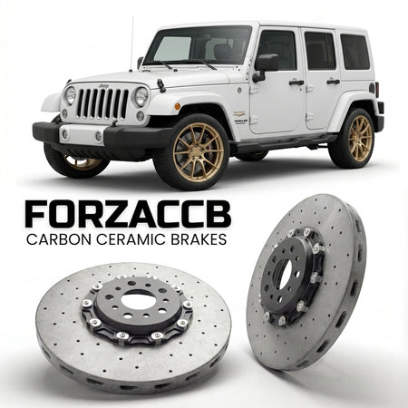 ForzaCCB direct OEM replacement carbon ceramic brake rotors for 2006-2018) Jeep Wrangler III (JK models, shown with a white Jeep Wrangler car.