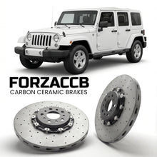ForzaCCB direct OEM replacement carbon ceramic brake rotors for 2006-2018) Jeep Wrangler III Unlimited (JK models, shown with a white Jeep Wrangler car.
