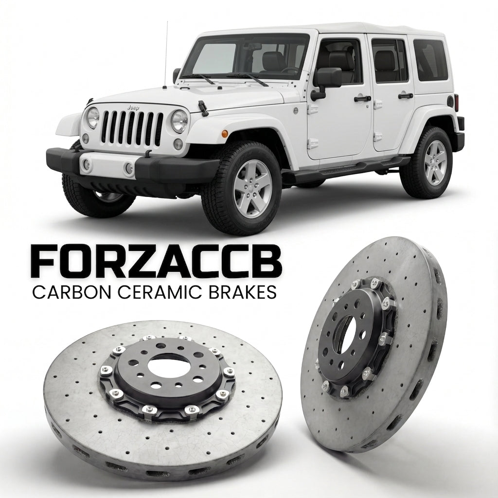 ForzaCCB direct OEM replacement carbon ceramic brake rotors for 2006-2018) Jeep Wrangler III Unlimited (JK models, shown with a white Jeep Wrangler car.