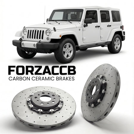 ForzaCCB direct OEM replacement carbon ceramic brake rotors for 2006-2018) Jeep Wrangler III Unlimited (JK models, shown with a white Jeep Wrangler car.