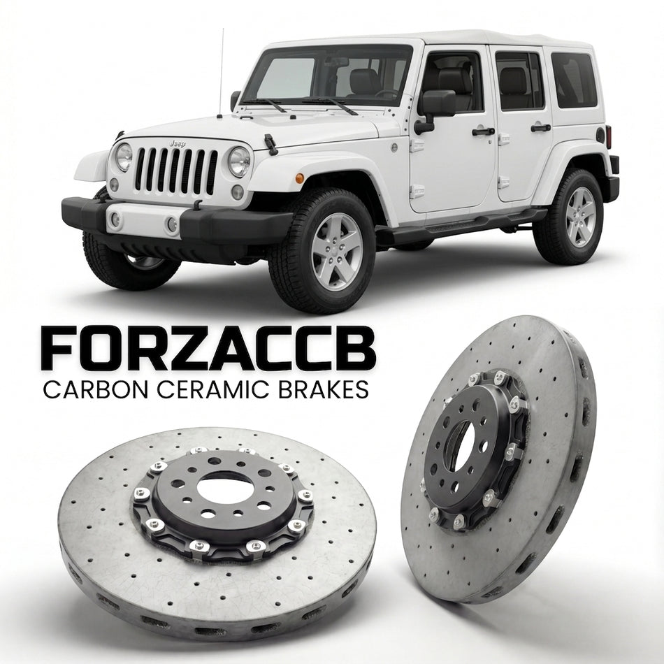 ForzaCCB direct OEM replacement carbon ceramic brake rotors for 2006-2018) Jeep Wrangler III Unlimited (JK models, shown with a white Jeep Wrangler car.