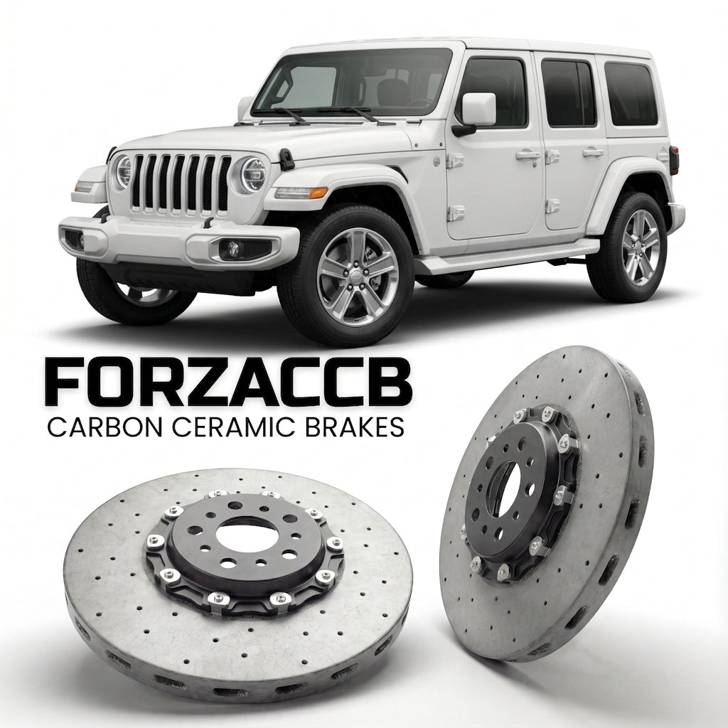 ForzaCCB direct OEM replacement carbon ceramic brake rotors for 2017-2023) Jeep Wrangler IV (JL models, shown with a white Jeep Wrangler car.