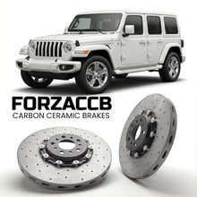 ForzaCCB direct OEM replacement carbon ceramic brake rotors for 2017-2023) Jeep Wrangler IV (JL models, shown with a white Jeep Wrangler car.
