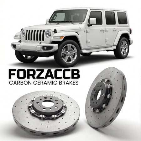 ForzaCCB direct OEM replacement carbon ceramic brake rotors for 2017-2023) Jeep Wrangler IV (JL models, shown with a white Jeep Wrangler car.