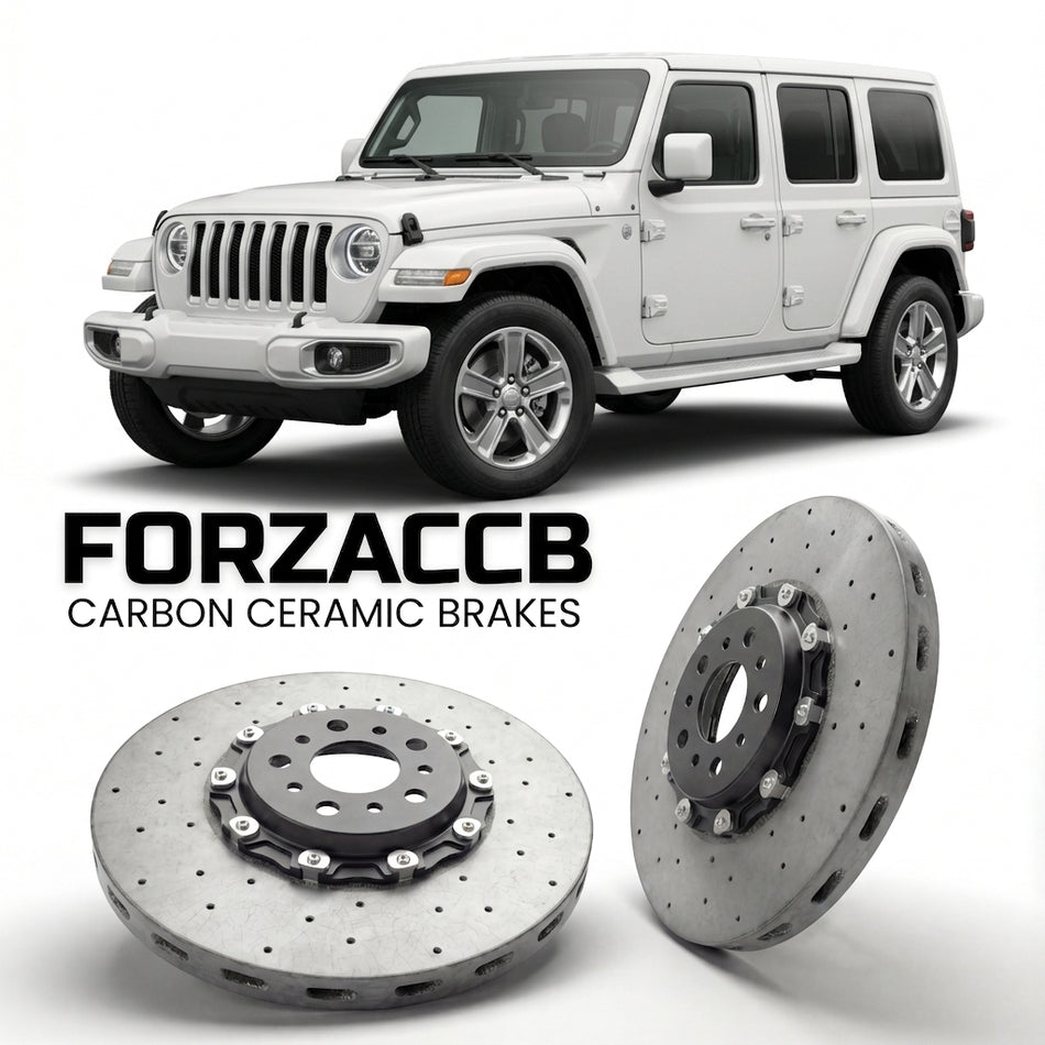 ForzaCCB direct OEM replacement carbon ceramic brake rotors for 2017-2023) Jeep Wrangler IV (JL models, shown with a white Jeep Wrangler car.