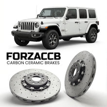 ForzaCCB direct OEM replacement carbon ceramic brake rotors for 2017-2023) Jeep Wrangler IV Unlimited (JL models, shown with a white Jeep Wrangler car.