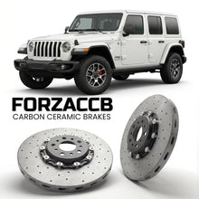 ForzaCCB direct OEM replacement carbon ceramic brake rotors for 2023+) Jeep Wrangler IV (JL, facelift 2023 models, shown with a white Jeep Wrangler car.