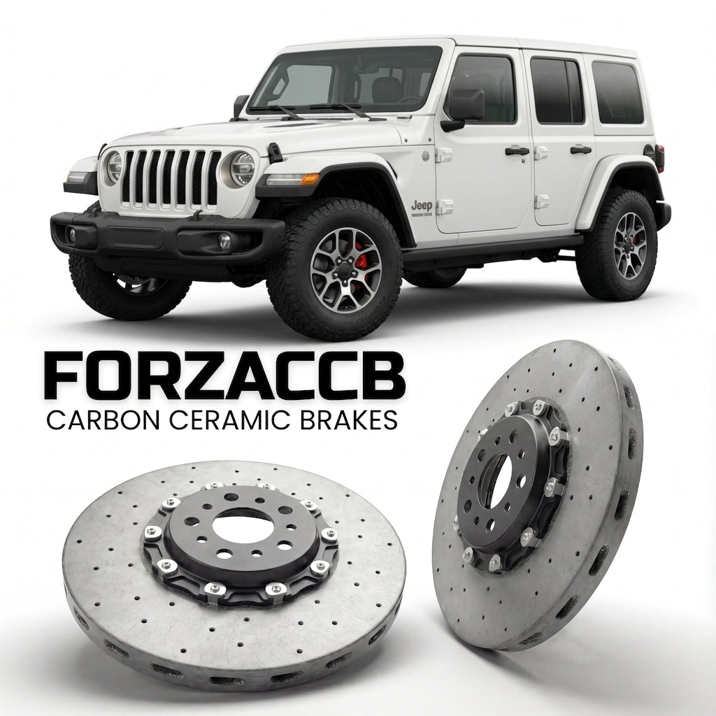 ForzaCCB direct OEM replacement carbon ceramic brake rotors for 2023+) Jeep Wrangler IV (JL, facelift 2023 models, shown with a white Jeep Wrangler car.