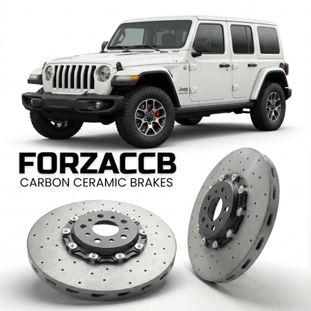 ForzaCCB direct OEM replacement carbon ceramic brake rotors for 2023+) Jeep Wrangler IV (JL, facelift 2023 models, shown with a white Jeep Wrangler car.