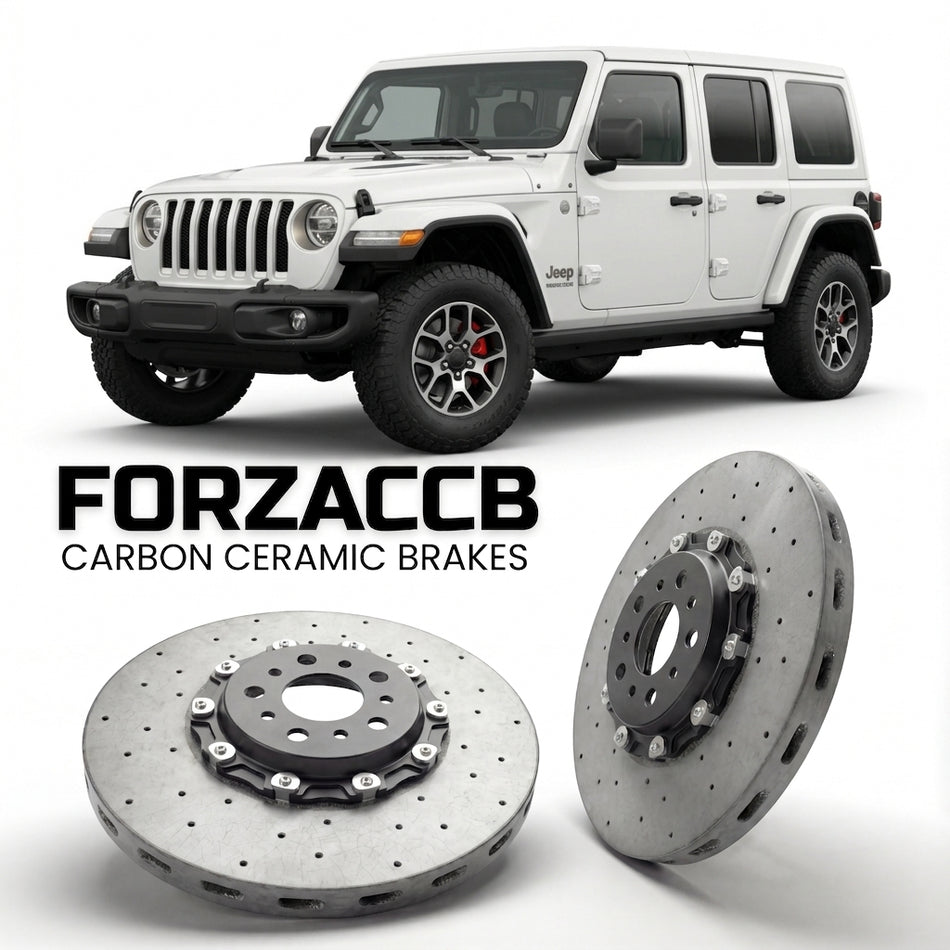 ForzaCCB direct OEM replacement carbon ceramic brake rotors for 2023+) Jeep Wrangler IV (JL, facelift 2023 models, shown with a white Jeep Wrangler car.