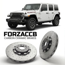 ForzaCCB direct OEM replacement carbon ceramic brake rotors for 2023+) Jeep Wrangler IV Unlimited (JL, facelift 2023 models, shown with a white Jeep Wrangler car.