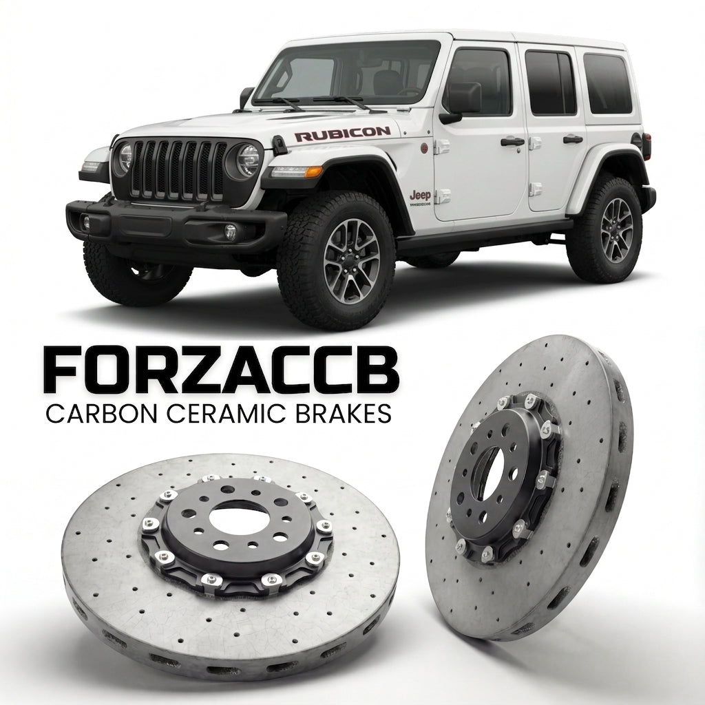 ForzaCCB direct OEM replacement carbon ceramic brake rotors for 2023+) Jeep Wrangler IV Unlimited (JL, facelift 2023 models, shown with a white Jeep Wrangler car.