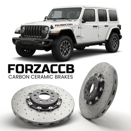 ForzaCCB direct OEM replacement carbon ceramic brake rotors for 2023+) Jeep Wrangler IV Unlimited (JL, facelift 2023 models, shown with a white Jeep Wrangler car.