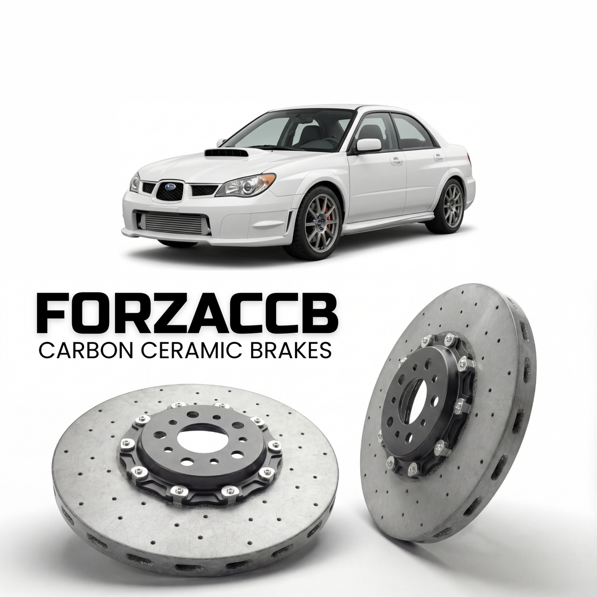 ForzaCCB direct OEM replacement carbon ceramic brake rotors for 2007 and newer Subaru WRX models, shown with a white Subaru WRX car.