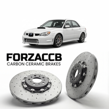 ForzaCCB direct OEM replacement carbon ceramic brake rotors for 2007 and newer Subaru WRX models, shown with a white Subaru WRX car.