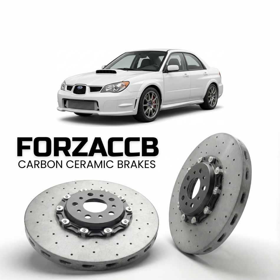 ForzaCCB direct OEM replacement carbon ceramic brake rotors for 2007 and newer Subaru WRX models, shown with a white Subaru WRX car.