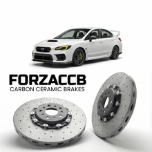 ForzaCCB direct OEM replacement carbon ceramic brake rotors for 2007 to 2021 Subaru WRX STI models, shown with a white Subaru WRX STI car.