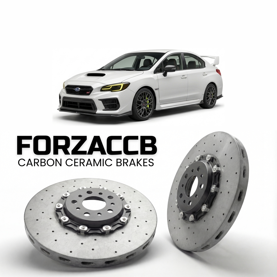 ForzaCCB direct OEM replacement carbon ceramic brake rotors for 2007 to 2021 Subaru WRX STI models, shown with a white Subaru WRX STI car.