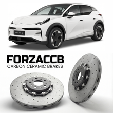 ForzaCCB direct OEM replacement carbon ceramic brake rotors for 2023 and newer Zeekr X models, shown with a white Zeekr X car.
