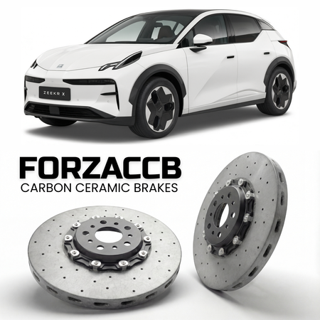 ForzaCCB direct OEM replacement carbon ceramic brake rotors for 2023 and newer Zeekr X models, shown with a white Zeekr X car.