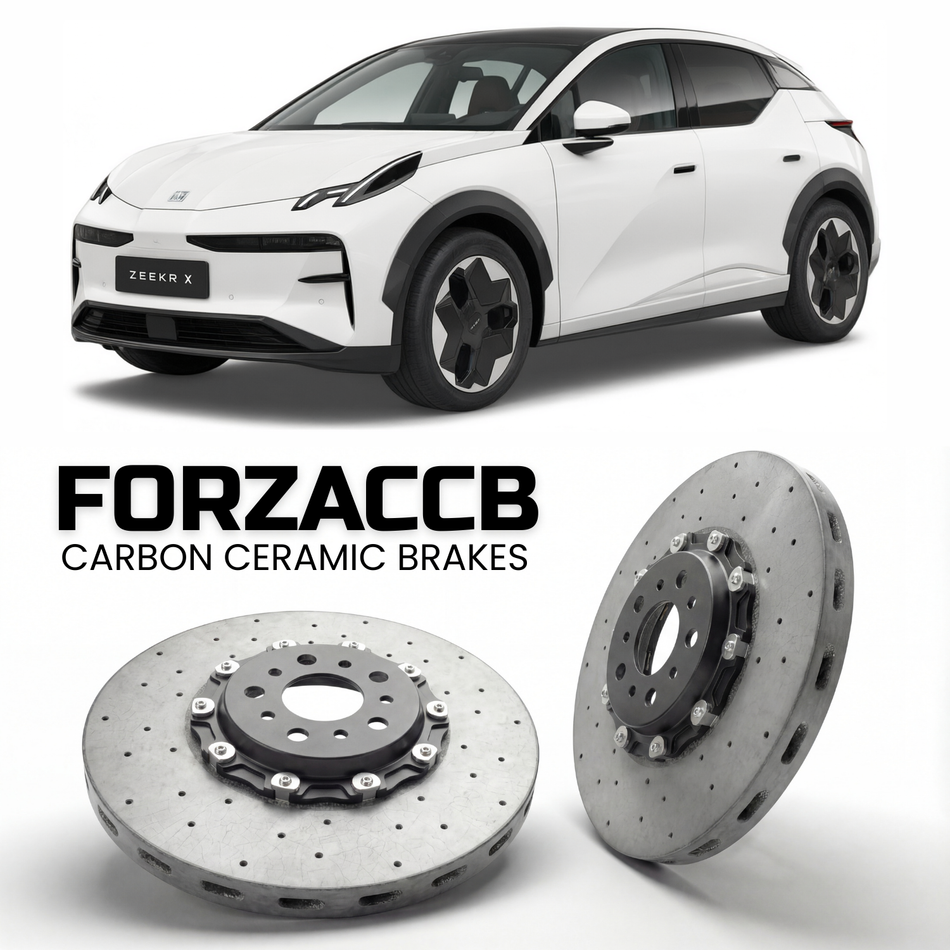ForzaCCB direct OEM replacement carbon ceramic brake rotors for 2023 and newer Zeekr X models, shown with a white Zeekr X car.