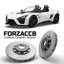 ForzaCCB direct OEM replacement carbon ceramic brake rotors for 2008 to 2026 KTM X-Bow models, shown with a white KTM X-Bow car.