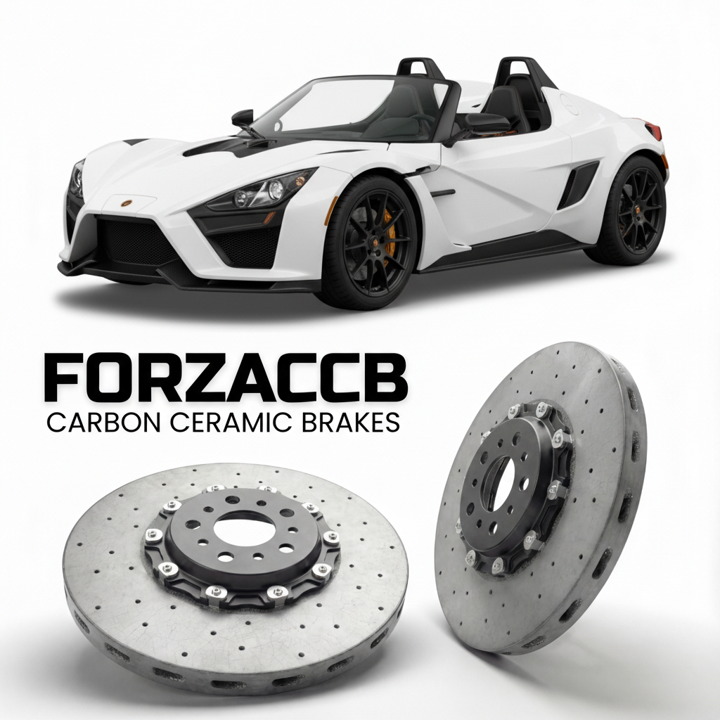 ForzaCCB direct OEM replacement carbon ceramic brake rotors for 2008 to 2026 KTM X-Bow models, shown with a white KTM X-Bow car.