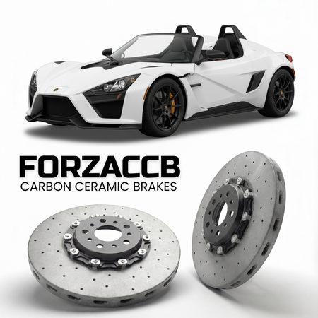 ForzaCCB direct OEM replacement carbon ceramic brake rotors for 2008 to 2026 KTM X-Bow models, shown with a white KTM X-Bow car.