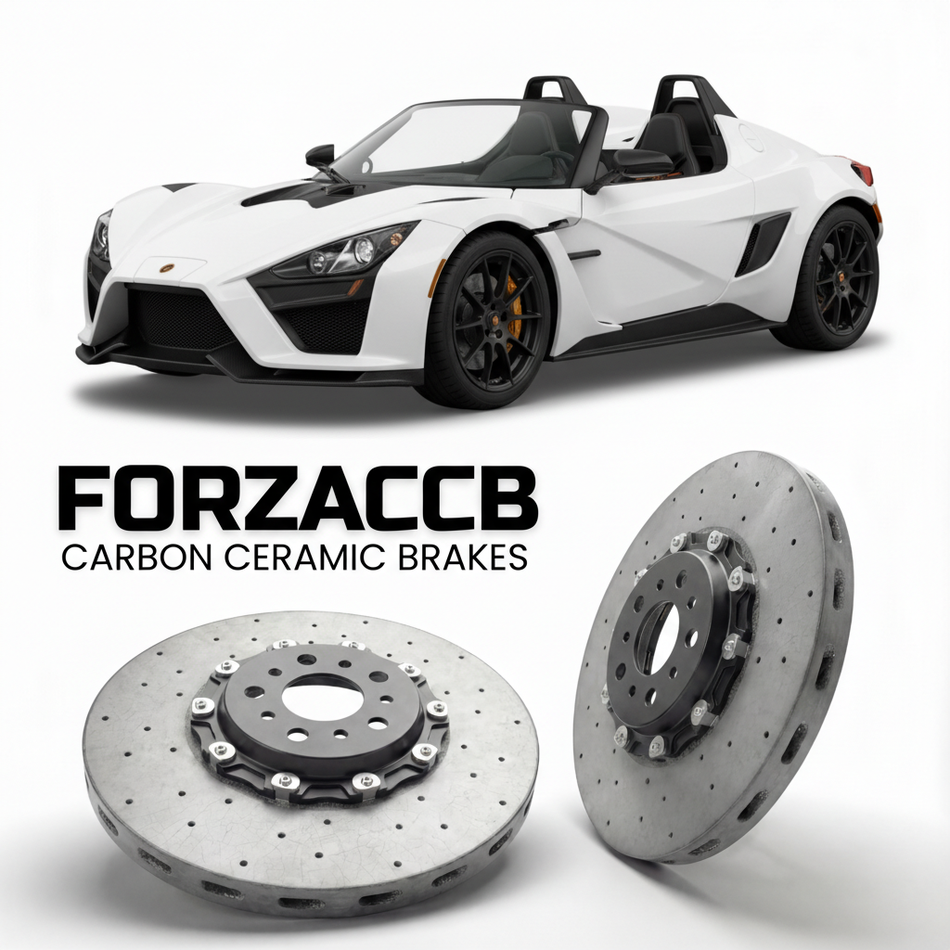 ForzaCCB direct OEM replacement carbon ceramic brake rotors for 2008 to 2026 KTM X-Bow models, shown with a white KTM X-Bow car.