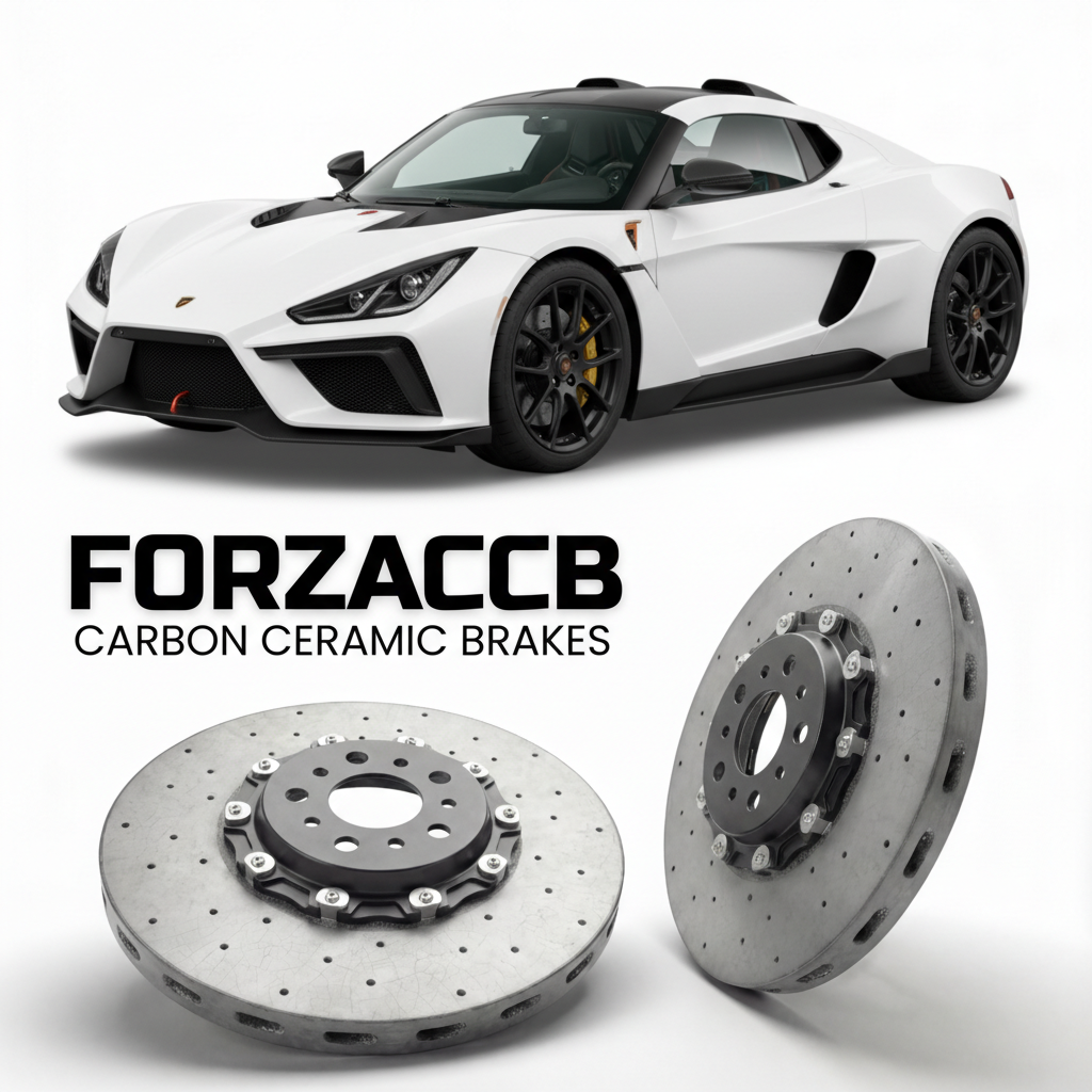 ForzaCCB direct OEM replacement carbon ceramic brake rotors for 2015 to 2026 KTM X-Bow GT4 models, shown with a white KTM X-Bow GT4 car.