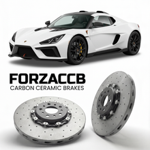 ForzaCCB direct OEM replacement carbon ceramic brake rotors for 2015 to 2026 KTM X-Bow GT4 models, shown with a white KTM X-Bow GT4 car.