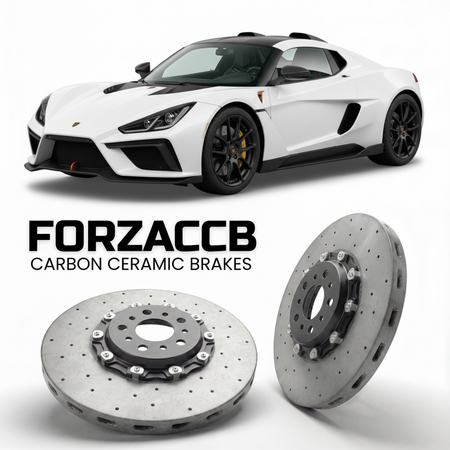 ForzaCCB direct OEM replacement carbon ceramic brake rotors for 2015 to 2026 KTM X-Bow GT4 models, shown with a white KTM X-Bow GT4 car.