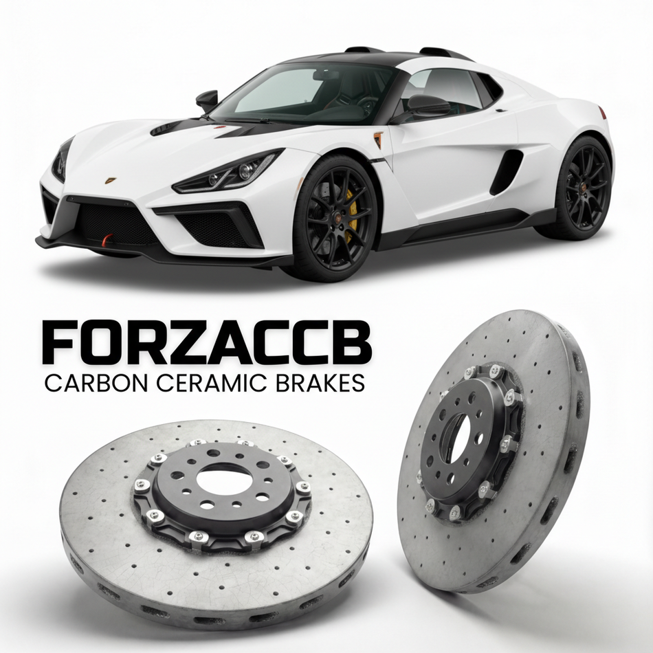 ForzaCCB direct OEM replacement carbon ceramic brake rotors for 2015 to 2026 KTM X-Bow GT4 models, shown with a white KTM X-Bow GT4 car.