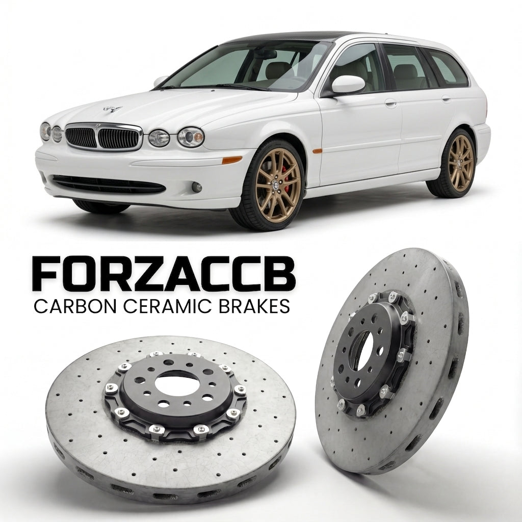 ForzaCCB direct OEM replacement carbon ceramic brake rotors for 2005 to 2009 Jaguar X-type Estate models, shown with a white Jaguar X-type car.