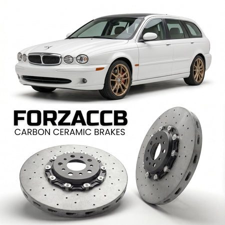 ForzaCCB direct OEM replacement carbon ceramic brake rotors for 2005 to 2009 Jaguar X-type Estate models, shown with a white Jaguar X-type car.