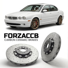 ForzaCCB direct OEM replacement carbon ceramic brake rotors for 2005 to 2009 Jaguar X-type X400 models, shown with a white Jaguar X-type car.
