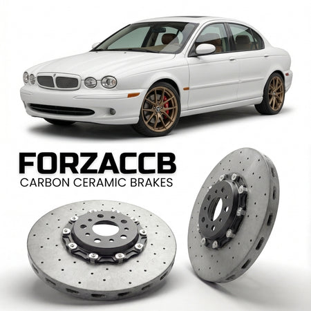 ForzaCCB direct OEM replacement carbon ceramic brake rotors for 2005 to 2009 Jaguar X-type X400 models, shown with a white Jaguar X-type car.