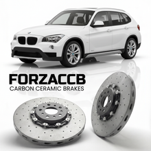 ForzaCCB direct OEM replacement carbon ceramic brake rotors for 2009 to 2015 BMW X1 E84 models, shown with a white BMW X1 car.