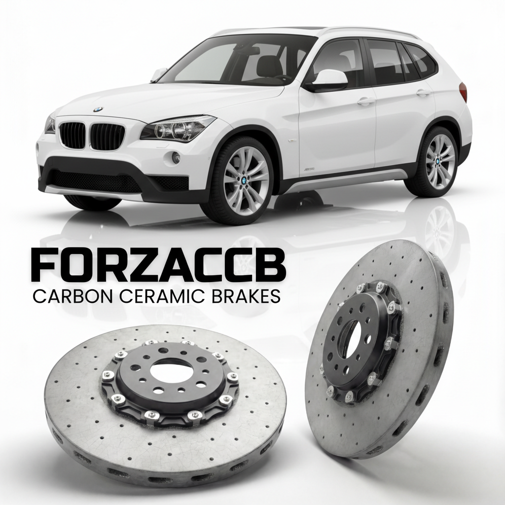 ForzaCCB direct OEM replacement carbon ceramic brake rotors for 2009 to 2015 BMW X1 E84 models, shown with a white BMW X1 car.