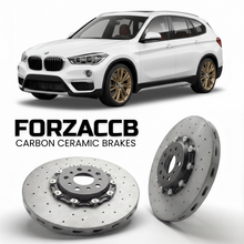 ForzaCCB direct OEM replacement carbon ceramic brake rotors for 2015 to 2022 BMW X1 F48 models, shown with a white BMW X1 car.