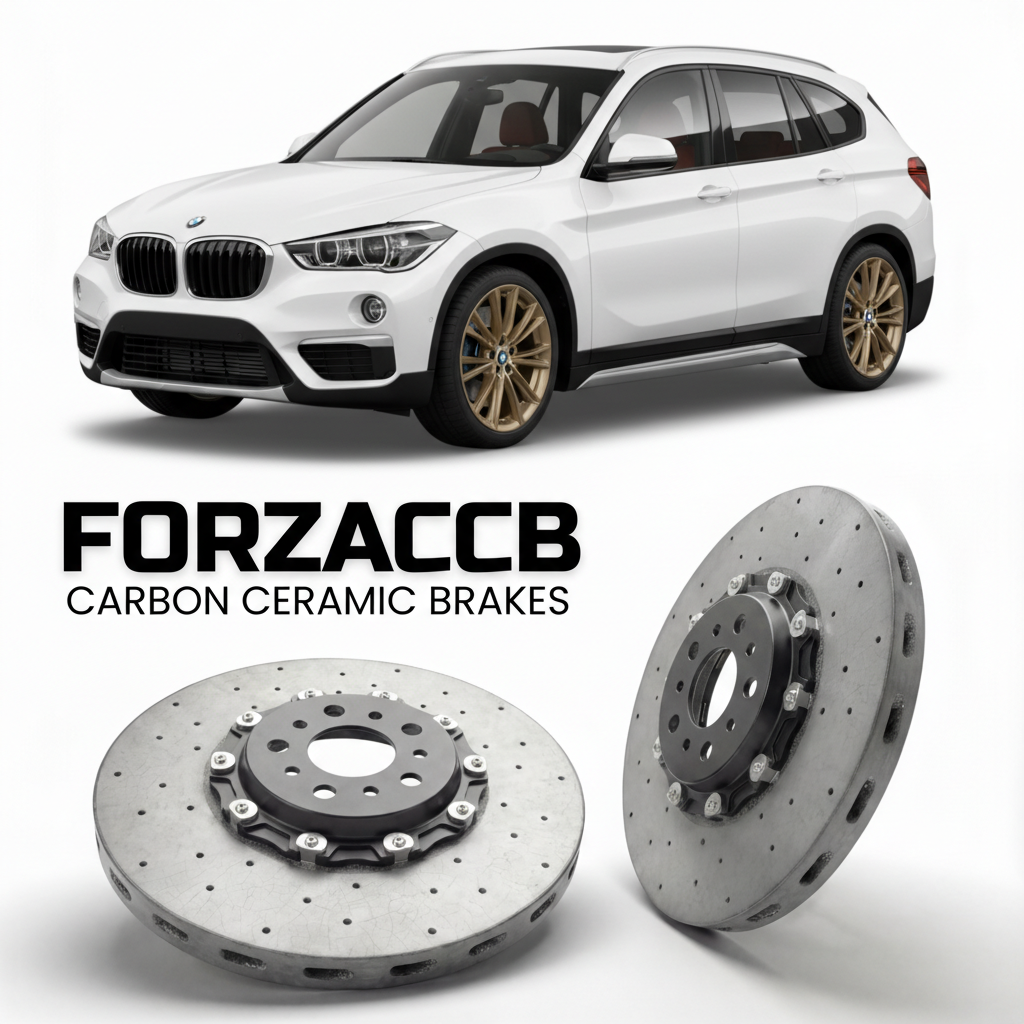 ForzaCCB direct OEM replacement carbon ceramic brake rotors for 2015 to 2022 BMW X1 F48 models, shown with a white BMW X1 car.