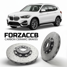 ForzaCCB direct OEM replacement carbon ceramic brake rotors for 2022 and newer BMW X1 U11 models, shown with a white BMW X1 car.
