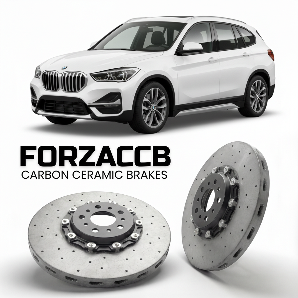ForzaCCB direct OEM replacement carbon ceramic brake rotors for 2022 and newer BMW X1 U11 models, shown with a white BMW X1 car.