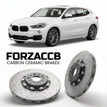 ForzaCCB direct OEM replacement carbon ceramic brake rotors for 2018 to 2023 BMW X2 F39 models, shown with a white BMW X2 car.